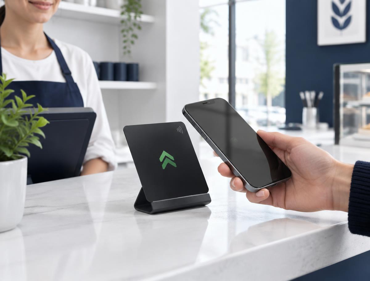 Customer tapping a smartphone on an NFC review card at a business counter